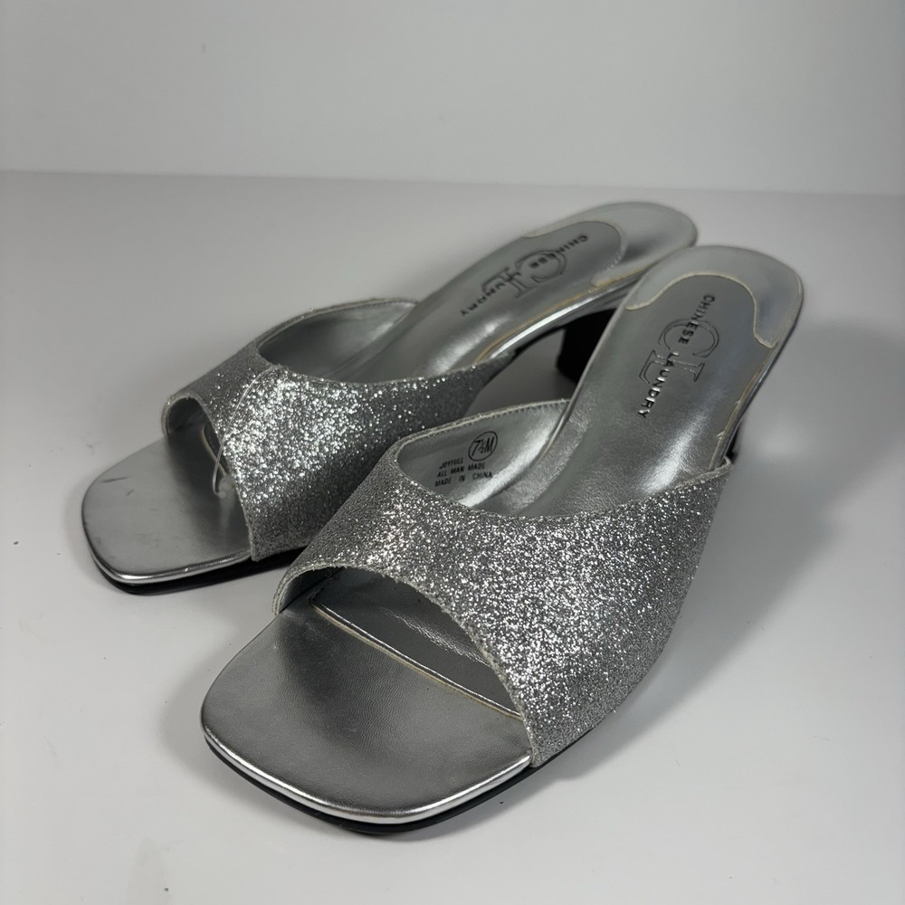 Y2K Silver Glitter Mules  Coquette Sparkly Kitten Heels Square Toe Disco 7.5 M